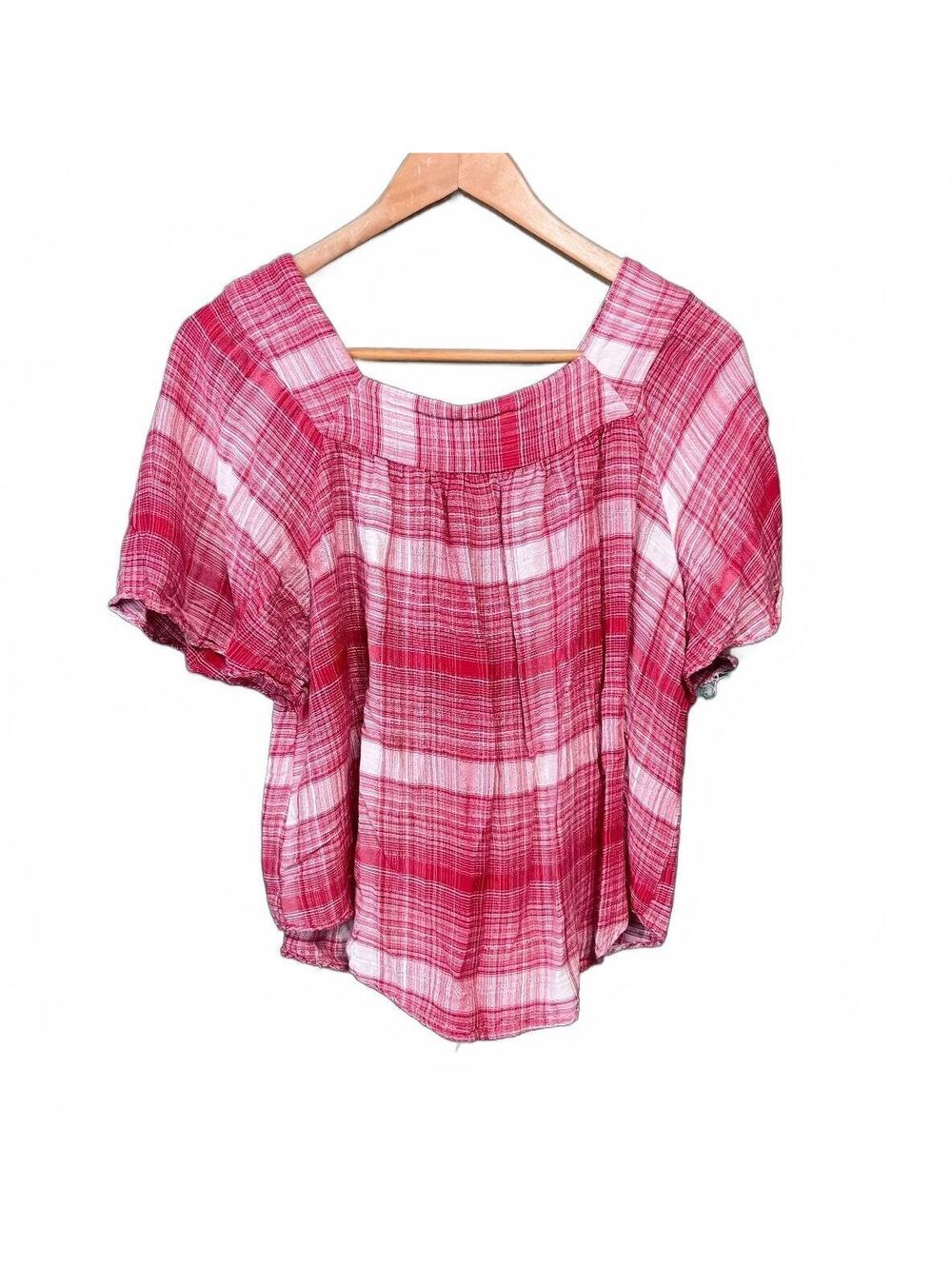 Universal Thread Large Boho Plaid Blouse Red Square Neck Western Flutter Sleeve